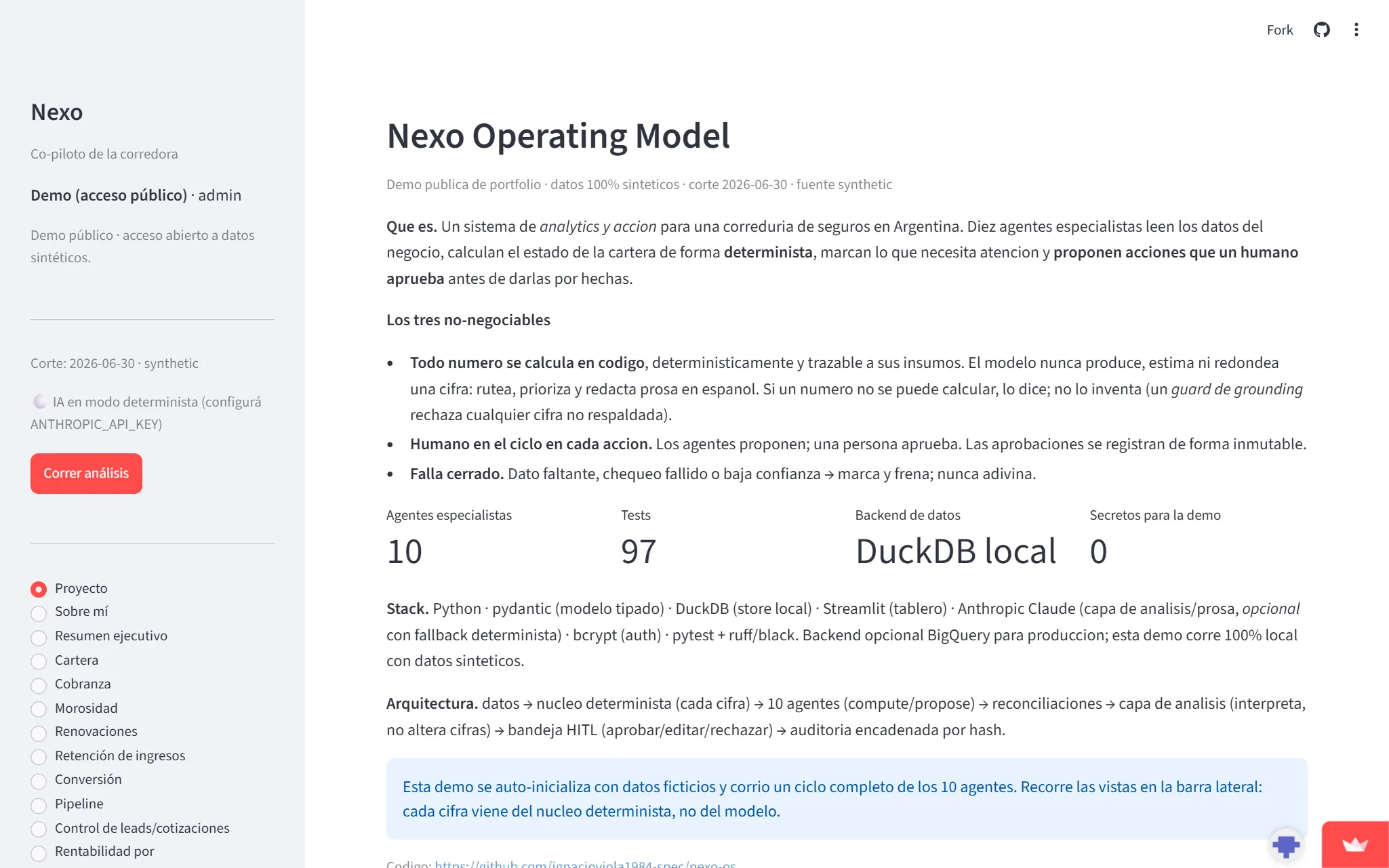Nexo OS dashboard: ten specialist agents over a deterministic core with an approval inbox.